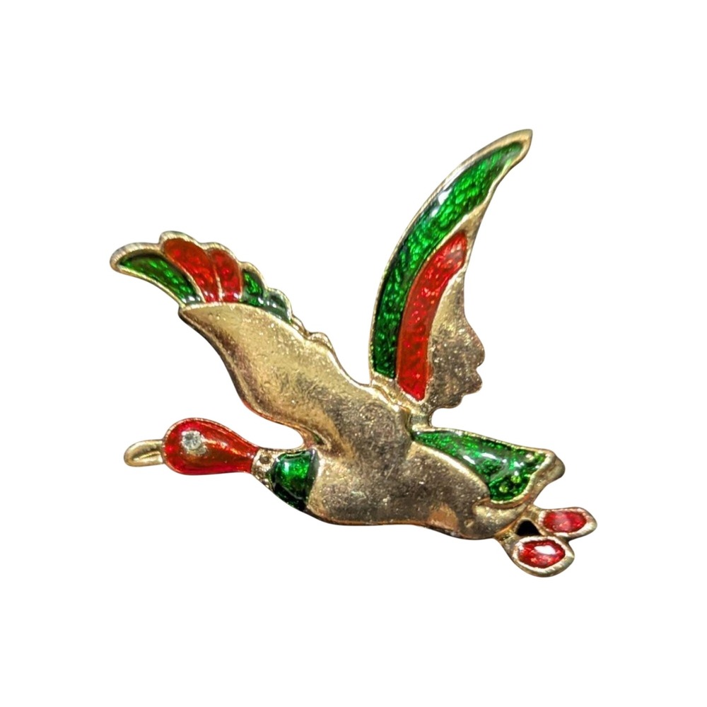 Vintage Mallard Duck Brooch Gold Tone Green Red Enamel Flying Bird Pin